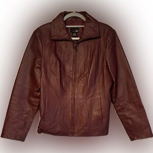 East 5th Sz Large Burgundy Genuine Leather Jacket w/ zip front, sunburst back